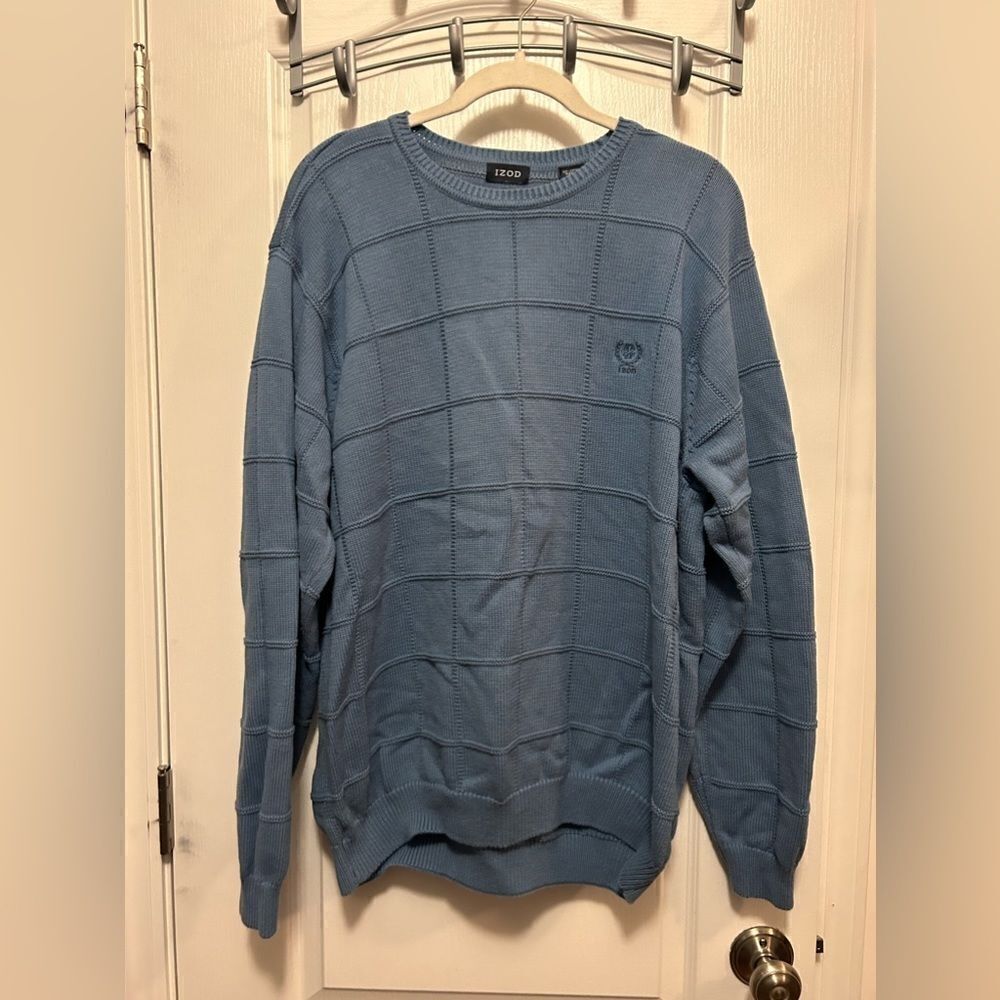 Izod Sweater Men's Blue Windowpane, Logo Tight knit Size XL‎ 100% Cotton